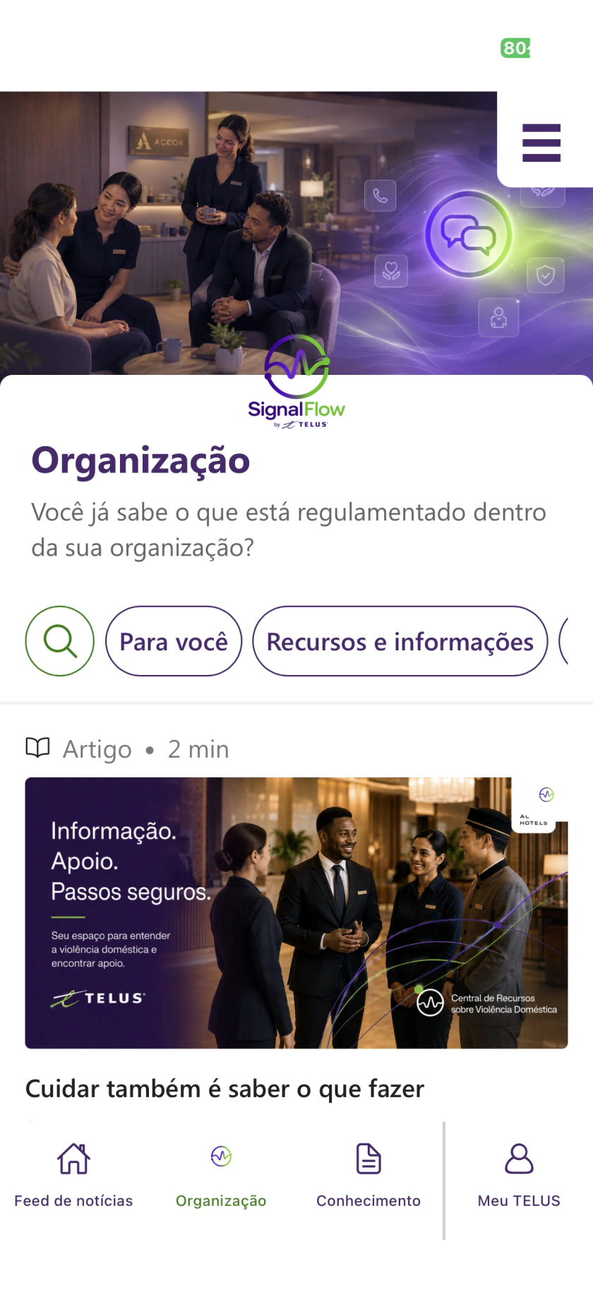 Tela do SignalFlow com área da organização e recursos e informações da TELUS